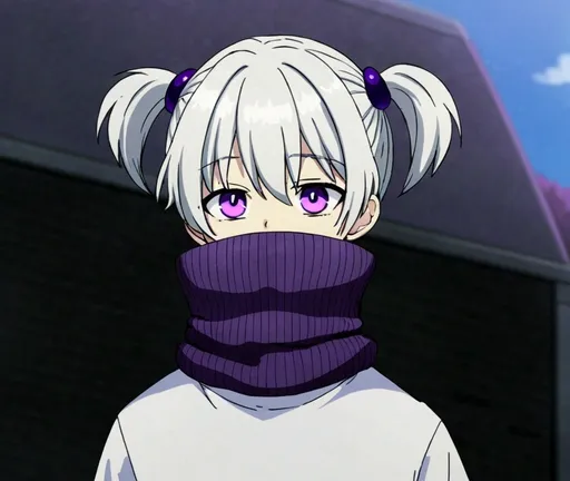 Prompt: anime boy with white hair and purple turtle neck. semi circle purple eyes. white shirt. Two very tiny pony tails sticking out of head. short hair.