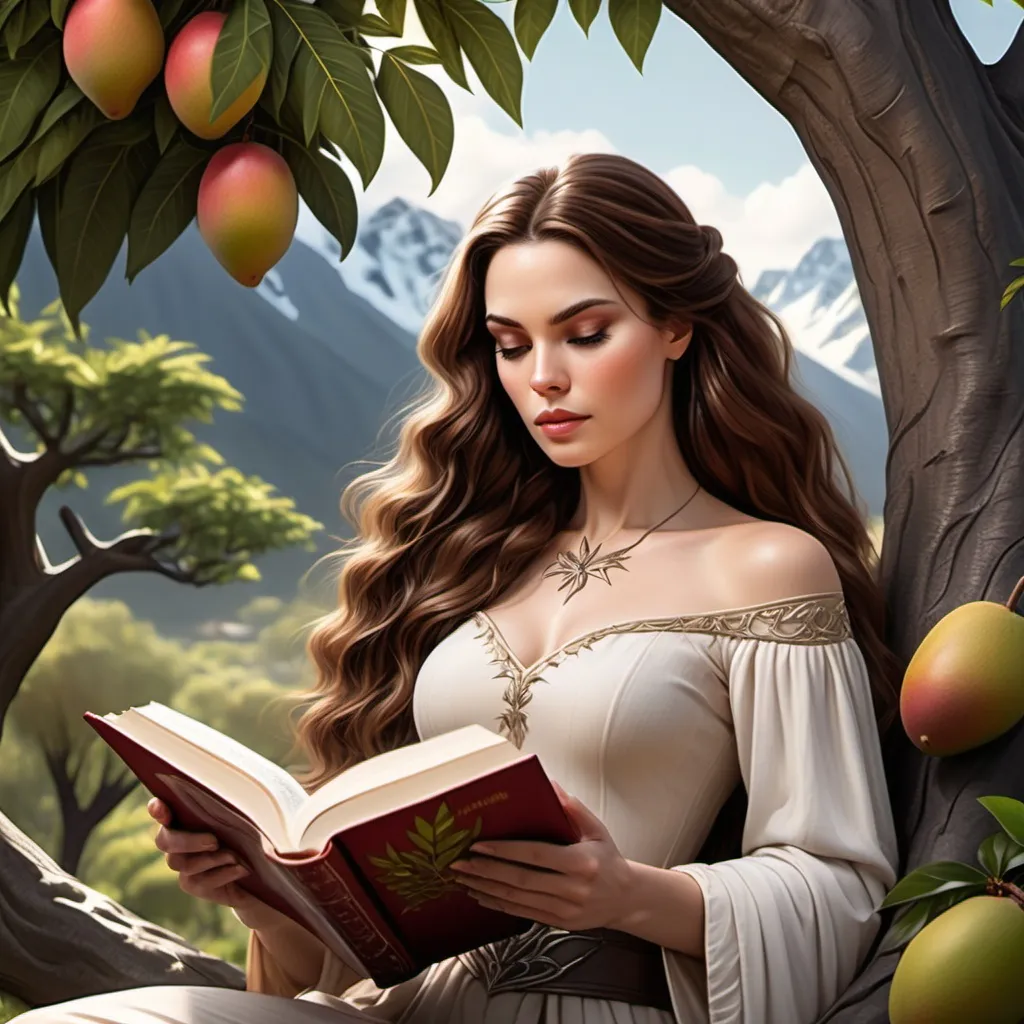 Prompt: Landscape setting is snow peaked mountains and a big realism mango tree with a 40 year old woman with long dark brown hair, styled like a warrior fairy princess, similar to feyre from a court of thorn and roses book, big open beautiful brown eyes and lashes, setting under the mango tree reading a book to calm her anxiety. She is wearing casual Canadian style clothes, red tank top with jeans and black ballerina style shoes.