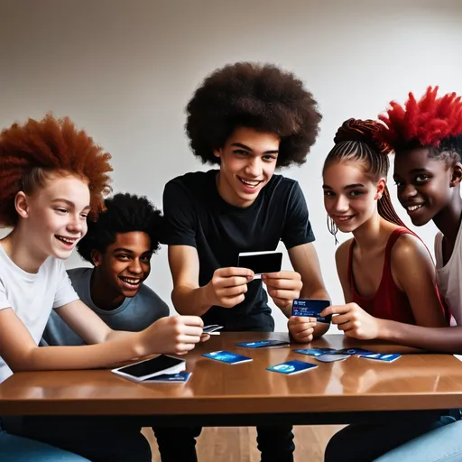 Prompt: 5 dark black teenage boys with afro, 1 dark brown teenage girls with braids, and 1 white red head girl playing with credit cards on a table