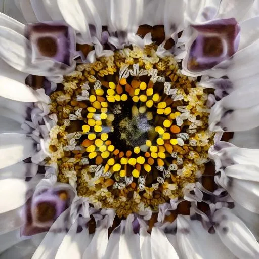 Prompt: A large daisy, with a center resembling the brown iris of a human eye