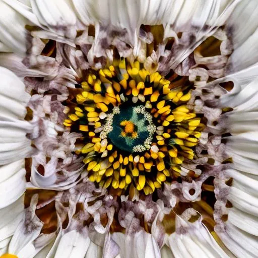 Prompt: A large daisy with a center resembling the brown iris of an eye 

