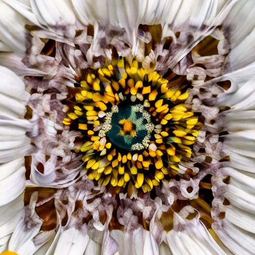 Prompt: A large daisy with a center resembling the brown iris of an eye 

