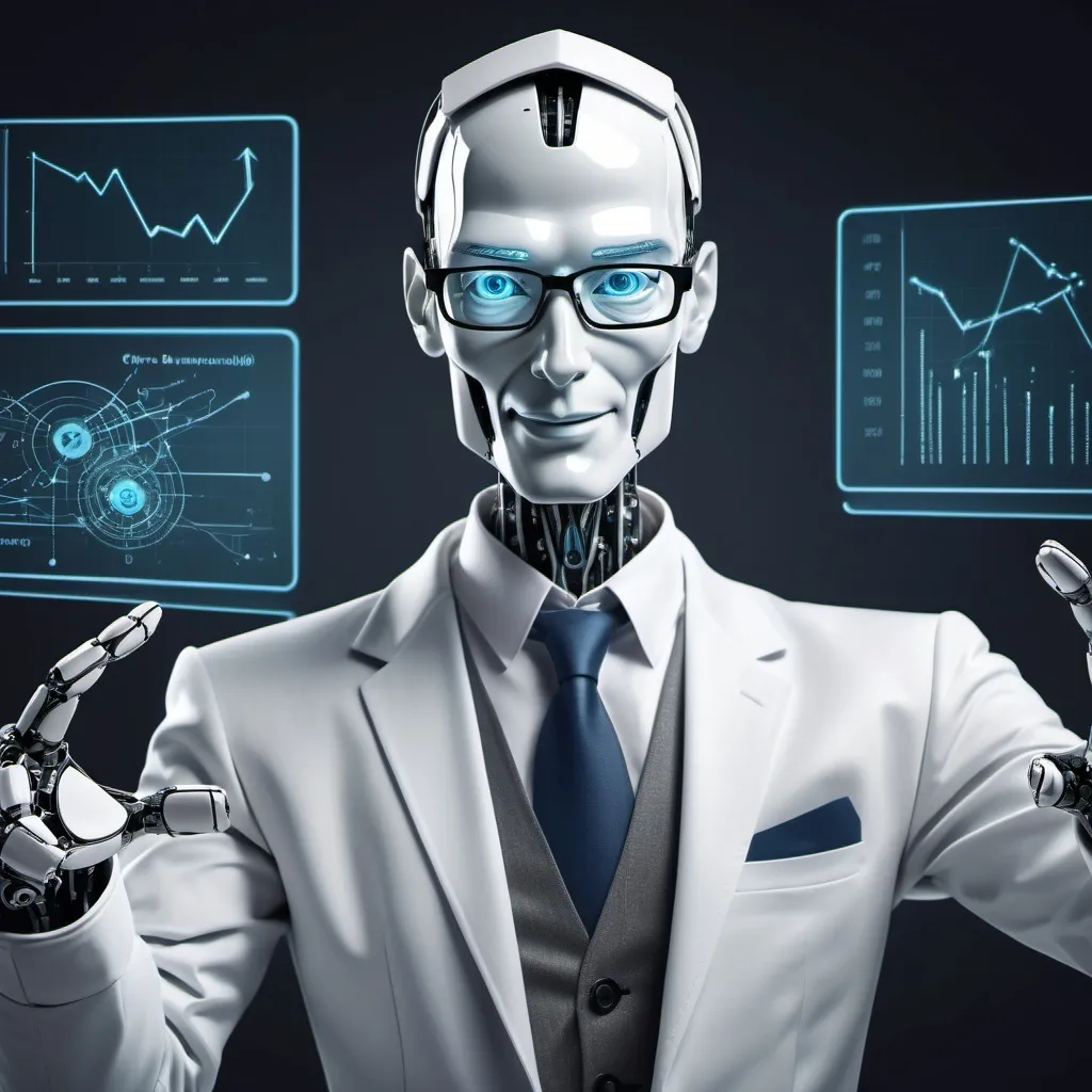 Prompt: Create an image of friendly cybernetic robotic professor who explains economics and business management