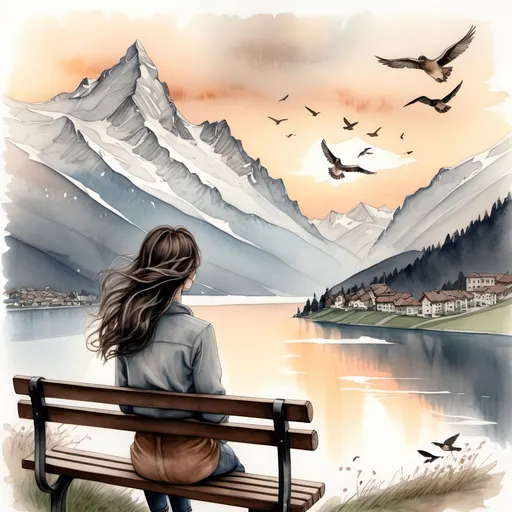 Prompt: Give me an image of a pencil drawn woman with medium long dark brown hair flowing with the wind. She is sitting on a bench with only her backview shown. She is looking feminine and pensive. Her view is the swiss alps and lakes. Lightly color it with watercolor paint at sunset with a few birds flying in the far distance