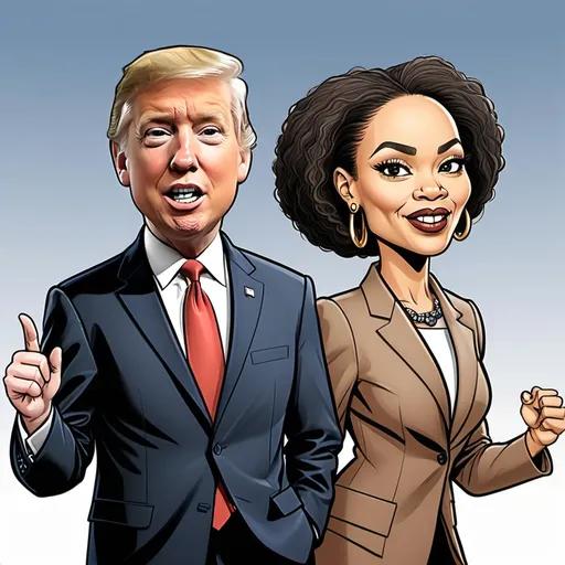 Prompt: A cartoon picture of the two candidates running for presidency.
One is a man and one is a lightskin, blac woman.