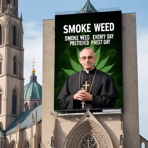 Prompt: On a cathedral there is a big billboard with an inscription "Smoke weed every day" and a priest approving