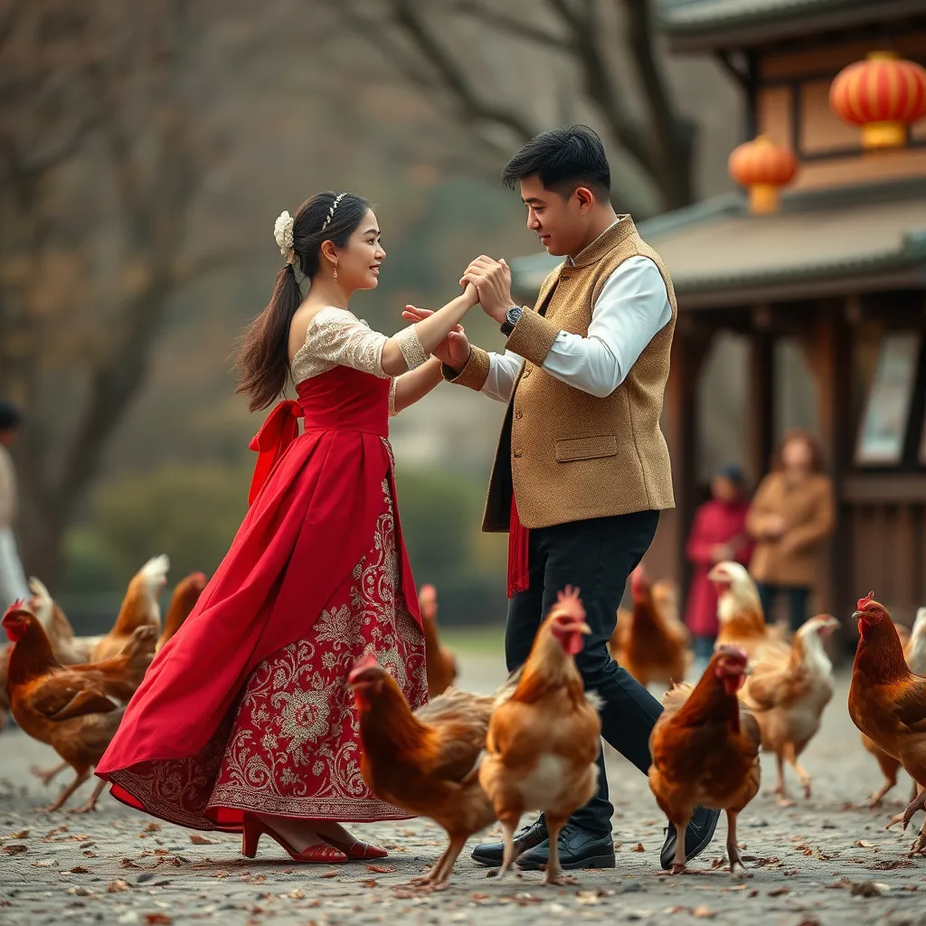 Prompt: A Turkish girl is very tall and beautifully dressed. A Korean boy is very short and chubby. They dance a romantic dance. Hens are running around them