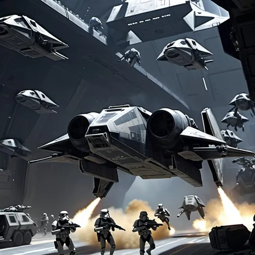 Prompt: Imperial death troopers deploying in a drop ship in a combat zone, have the death troopers  mimic US special forces on a night raid