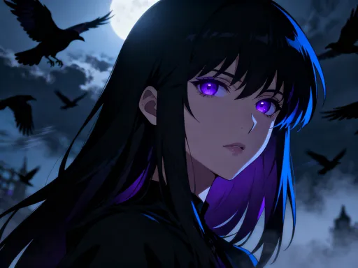 Prompt: ultra high-quality anime cinematic frame, studio-level production still, dark fantasy anime key visual, broadcast anime screencap aesthetic,

1 female character, long flowing black hair, sharp layered strands, subtle cool-toned highlights, luminous deep purple eyes with soft glow, calm yet intimidating expression, elegant facial proportions, refined anime lineart, clean contour control,

dramatic low-key lighting, strong moonlit rim light outlining hair and shoulders, cool blue edge lighting, face partially obscured in shadow, high contrast shadow planes, deep crushed blacks, minimal midtone wash, subtle gradient cel shading,

cinematic composition, medium close-up framing, slightly low camera angle, atmospheric depth, volumetric haze, soft fog diffusion,

background filled with silhouetted crows in flight, distant blurred shapes, dark storm clouds, subtle motion blur on wings, layered parallax depth,

muted blue-black color palette with violet accents, moody nocturnal ambiance, soft film grain, anime broadcast texture, ultra-detailed, masterpiece, best quality, sharp focus, 4k resolution