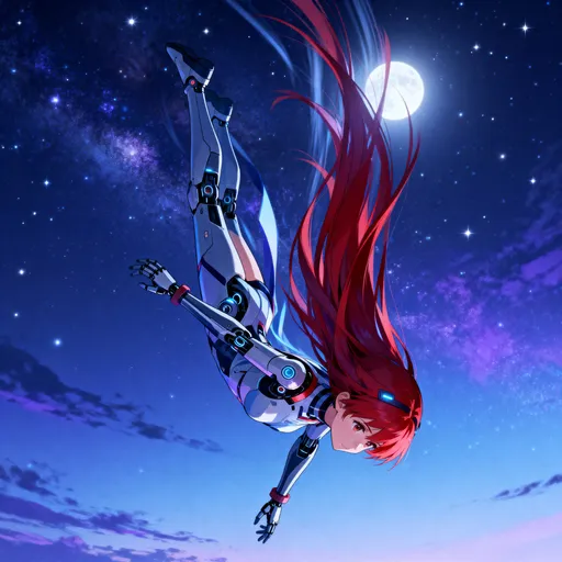 Prompt: Source_Anime:_Beatless, character:_Kouka, is freefalling from night sky, she is an android with long red hair 