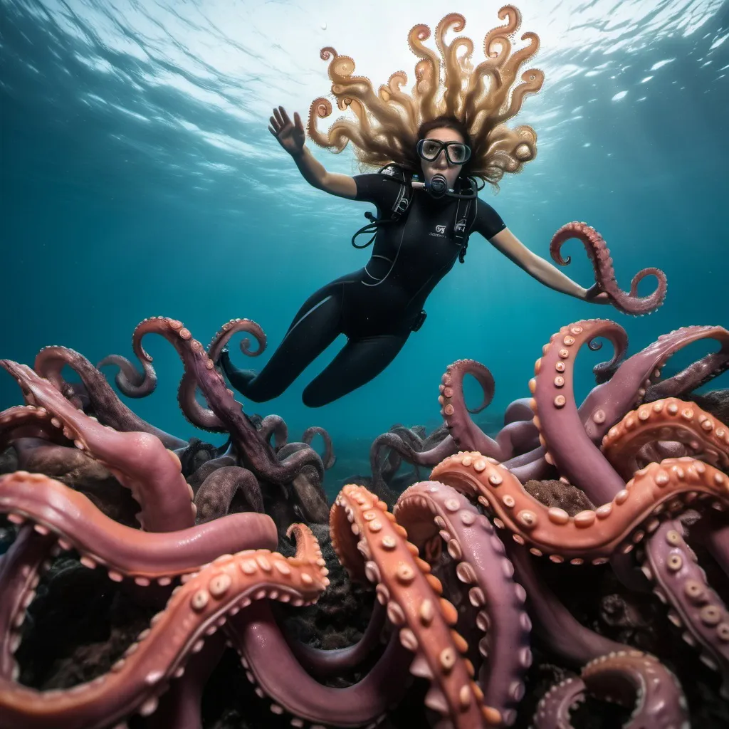 Prompt: A woman dives into an ocean of octopi