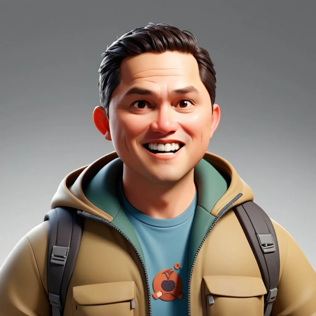 Prompt: male, 3d cartoon character, almost chubby cheek, background plain, half body preview, 8k, jacket hiking, facing to camera, high detail, smile