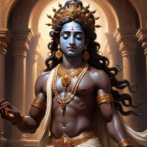 Prompt: (artstyle-renaissance), (cool color scheme), Dark brown skinned Krishna, classical elements, ethereal atmosphere, intricate detailing, soft lighting highlights, dynamic poses, elegant drapery, celestial background, harmonious composition, rich textures, spiritual essence, engaging expression, high detail craftsmanship, (ultra-detailed)