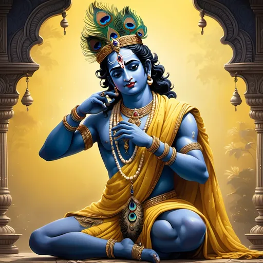 Prompt: (realism style), (cool color scheme), Lord Krishna, blue-black skin, wearing a vibrant yellow dhoti, adorned with a crown of peacock feathers, striking Tribhanga posture, one leg bent in front of the other, intricate detailing, serene expression, emphasizing divine aura, beautifully composed background with subtle gradients, high-quality 4K resolution, ultra-detailed textures, tranquil yet powerful ambiance.