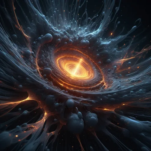 Prompt: photorealistic, (subatomic particles), dark color scheme, high depth, dramatic lighting, intricate details, cosmic atmosphere, captivating energy flows, scientific accuracy, mysterious ambiance, ultra-detailed, shadows and highlights, complex textures, dynamic composition, abstract background resembling a turbulent quantum field, emphasizing depth and movement.