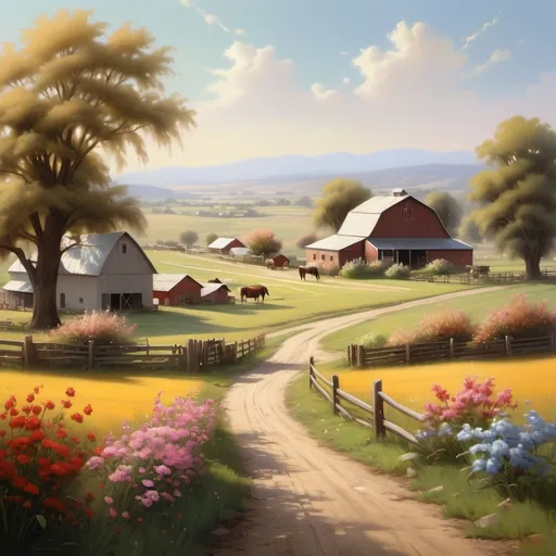 Prompt: (rural landscape), tranquil farm life, (realism style), muted color tones, picturesque ranch setting, small farm in the distance, blooming flowers, harmonious nature, peaceful ambiance, shared moments, love and companionship, clear skies, warm sunlight illuminating the scene, high detail, ultra-detailedcomposition, inviting atmosphere, serene surroundings, sense of fulfillment.