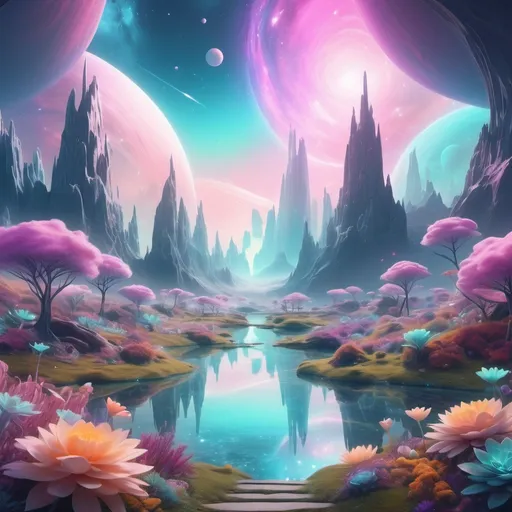 Prompt: (realism style), (pastel color scheme), multiverse landscapes, transcendent beauty, ethereal skies, soft glowing portals, diverse worlds blending harmoniously, intriguing details in various dimensions, imaginative flora and fauna, calming ambiance, (4K), ultra-detailed, dreamlike atmosphere, vibrant yet soothing hues, whimsical elements and surreal shapes, breathtaking cosmic vistas.