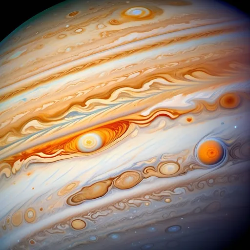 Prompt: Imagine a vast cosmic canvas, where Jupiter looms large with its swirling bands of vibrant oranges, deep reds, and rich browns. Its iconic Great Red Spot glows like a fiery jewel at the heart of the planet. Surrounding Jupiter, a constellation of stars twinkle in a spectrum of colors—blues, purples, and greens—each star radiating a unique hue, creating a celestial tapestry.Scattered throughout this scene, delicate sprinkles of precious stones—emeralds, sapphires, and rubies—catch the light, glimmering.