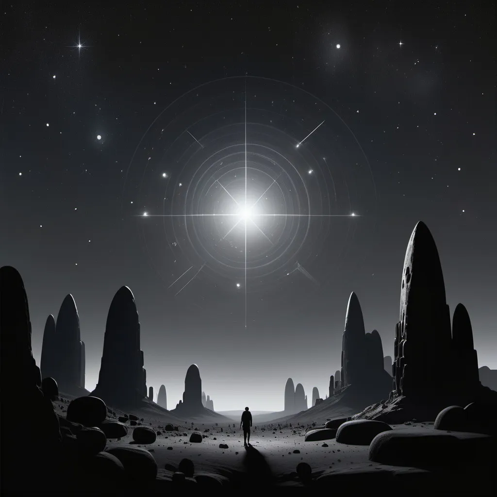 Prompt: (Dogon, Nomo and Orion belt with Sirius B star system), minimalism style, dark color scheme, sleek design, cosmic elements, serene atmosphere, celestial bodies, abstract representation, deep blacks, soft grays, contrasting sparse highlights, tranquil ambiance, high-quality digital illustration, ultra-detailed.