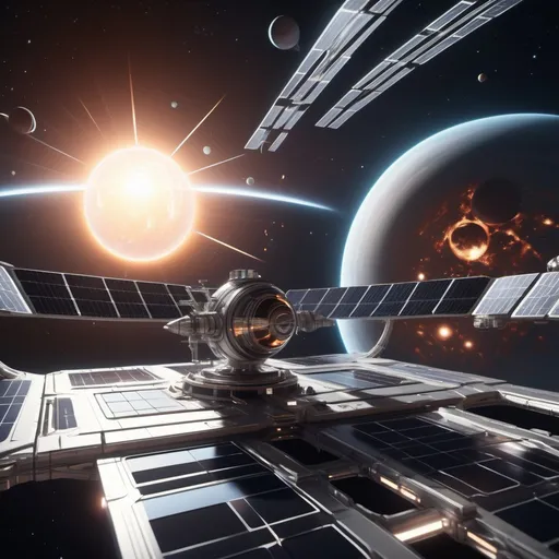 Prompt: photorealistic, (detailed space station), vast expanse of stars, (warm lighting), metallic textures, sleek designs, futuristic architecture, (realistic shadows), orbiting planets in the background, shimmering solar panels, cozy ambiance, immersive space environment, (4K resolution), capturing a sense of wonder and exploration.