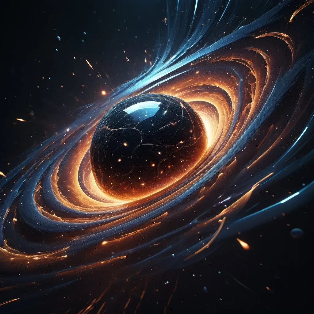 Prompt: photorealistic, (dramatic collision) between matter and antimatter, dark color scheme, deep shadows, swirling energies, intense contrast, luminous particles flying, cosmic background with stars, high detail texture, immersive atmosphere, futuristic effects, (cinematic quality), dynamic movement, high definition.