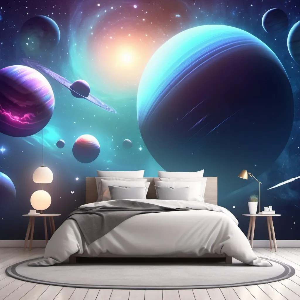 Prompt: photorealistic, (accurately spelled text "Dez Heights"), stylish script, (cool color scheme), illuminated cosmic sky, translucent planets reflecting light, starry night backdrop, ethereal glow, dreamlike atmosphere, high detail, HD quality, captivating shadows, serene ambiance, artful contrast between wall and celestial elements.