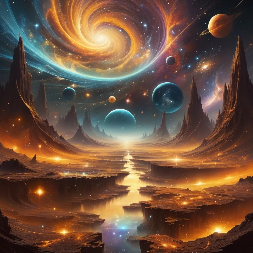 Prompt: (realism style), (multiverse concept), vast cosmic landscapes, warm color scheme with golden hues, contrasting universes showing diverse physical laws, enchanting galaxies intertwined, ethereal portals linking realms, depth and dimension enhancing realism, rich textures, captivating stars scattering light, atmospheric depth, serene and mysterious ambiance, ultra-detailed, high quality, intricate details showcasing boundless possibilities of universes.