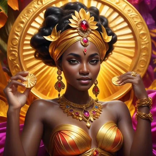 Prompt: photorealistic, (Goddess of fortune) with dark brown skin radiating a vibrant aura, intricate jewelry sparkling with gold, flowing garments in a palette of rich and vivid colors, enveloped in bright light, lush backgrounds with elements of prosperity and abundance, cheerful ambiance, sophisticated details, ultra-detailed, dynamic composition.