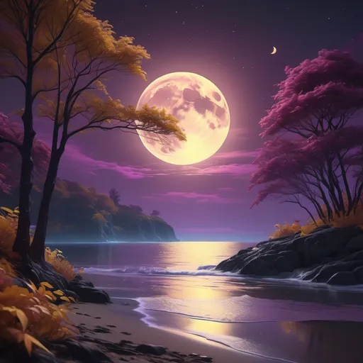 Prompt: (realism style), cool color scheme, dark brown moon, pinkish ocean, reflective moonlight streak, shore details, beautifully autumn night, vibrant brown, yellow, and purple foliage, tranquil ambiance, ethereal glow, cinematic quality, 4K resolution, serene atmosphere, harmonious blend of colors, captivating natural beauty, dreamlike setting, ultra-detailed elements.