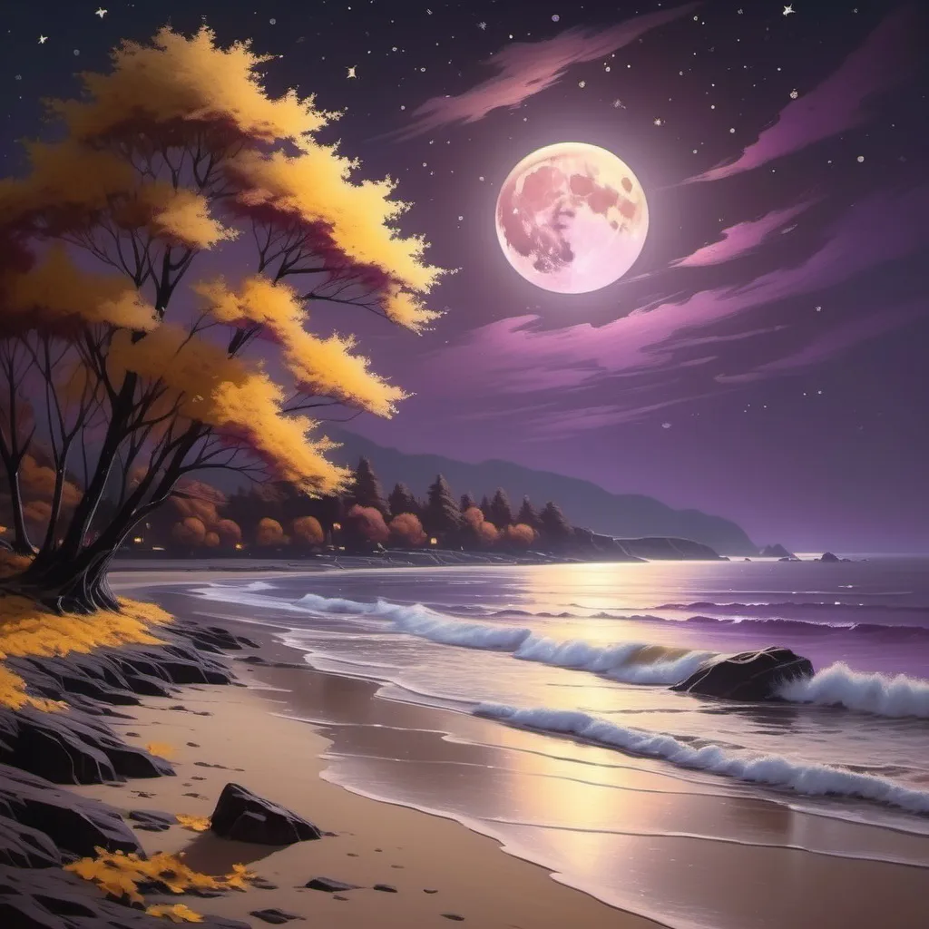 Prompt: (realism style), dark brown moon, pinkish ocean, (reflective moonlight streak), shore, beautifully autumn night, (brown, yellow, and purple foliage), cool color scheme, serene ambiance, enchanting atmosphere, high quality, cinematic details, gentle waves lapping at the shore, starry sky, ethereal glow