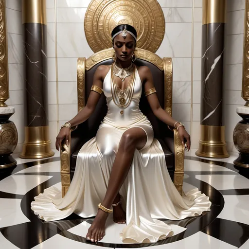 Prompt: Beautiful (dark brown-skinned goddess), adorned with a flowing silk dress, (shimmering ankle bracelets), wearing a (Yin and Yang necklace), seated regally on an (ivory tusk throne), surrounded by a luxurious (marble floor). Reflections dance in (mirrored walls), embellished with (gold, silver, and precious stones borders), creating a grand, opulent atmosphere. The scene radiates an air of (royalty and elegance), all captured in stunning detail, aiming for a cinematic masterpiece.