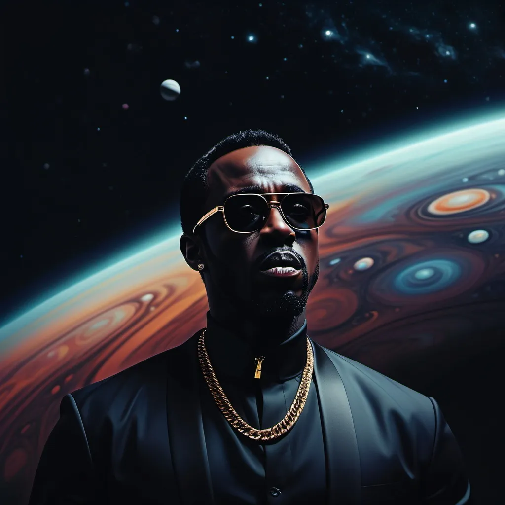 Prompt: (P. Diddy baddy), dark minimalist style, oil floating around (Jupiter), rich deep hues, ethereal ambiance, sleek and modern, celestial background, high contrast with dark surroundings, subtle textures, tranquil yet intriguing atmosphere, ultra-detailed, 4K resolution, cosmic feel, essence of space exploration, harmonious simplicity.