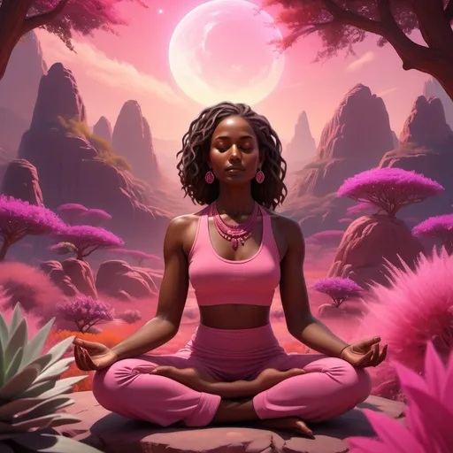 Prompt: (realism style), dark brown skinned female sage, meditating, surrounded by (vibrant pink landscapes), illuminative flora and fauna, serene expressions, cosmic energy emanating, warm glowing pink hues casting soft shadows, deep contrast adding depth, captivating atmosphere, ethereal ambiance, high detail, 4K resolution