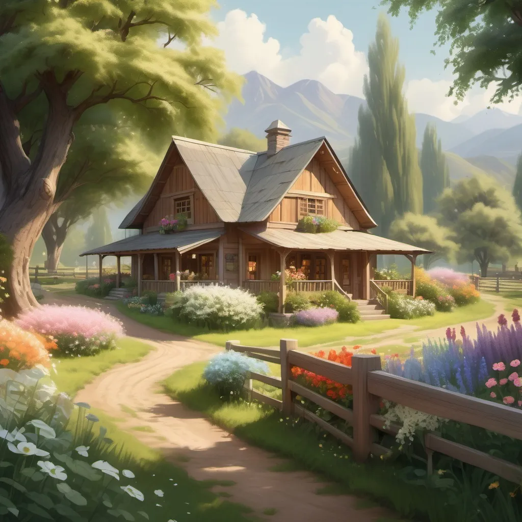 Prompt: (realism style), serene ranch or small farm setting, (muted color scheme), lush greenery, blooming flowers creating a fragrant atmosphere, cozy wooden house, peaceful ambiance, accompanied by a wonderful partner, moments of joy and companionship, sunlight filtering through trees, (dreamy and tranquil vibe), ultra-detailed, high quality, picturesque landscape.