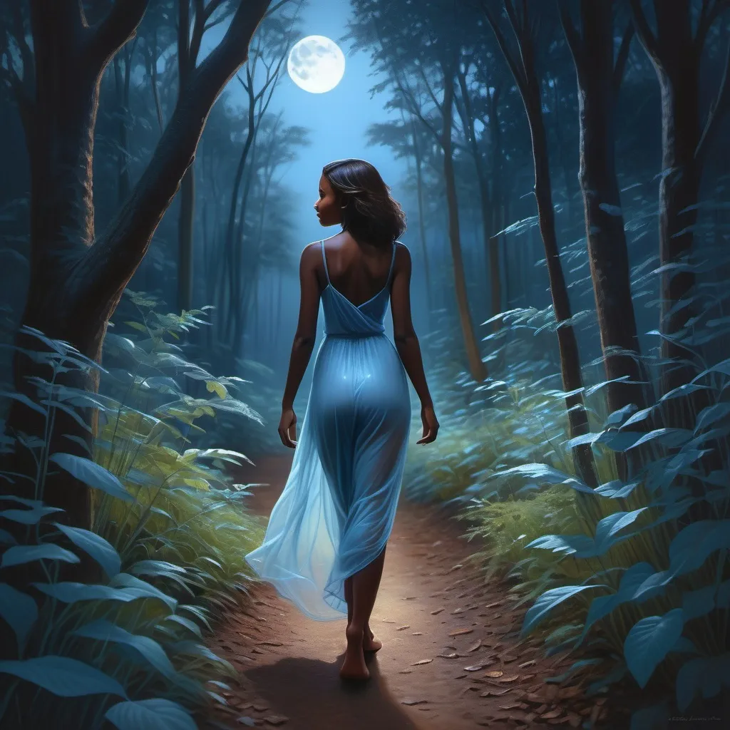 Prompt: (realism style), (beautiful dark brown skinned female), walking through a lush, beautifully translucent forest, dark moonlit night, ethereal blue hues illuminating the surroundings, serene atmosphere, soft pastel color scheme, delicate light filtering through trees, enchanting and mystical ambiance, high quality, ultra-detailed, capturing the essence of tranquility and wonder.