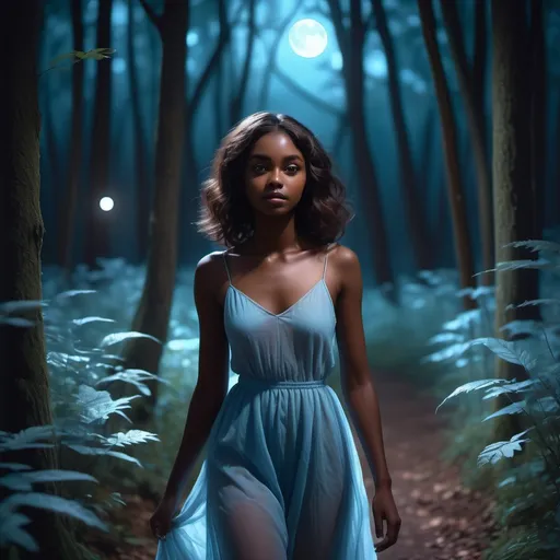 Prompt: (realism style), (pastel color scheme), beautiful dark brown skinned female, 22 years old, walking through a translucent forest, dark moonlit night, (ethereal blue light), enchanting atmosphere, soft lighting, serene ambiance, delicate details in foliage, high quality, 4K, dreamlike scenery, mystical shadows, tranquil environment.