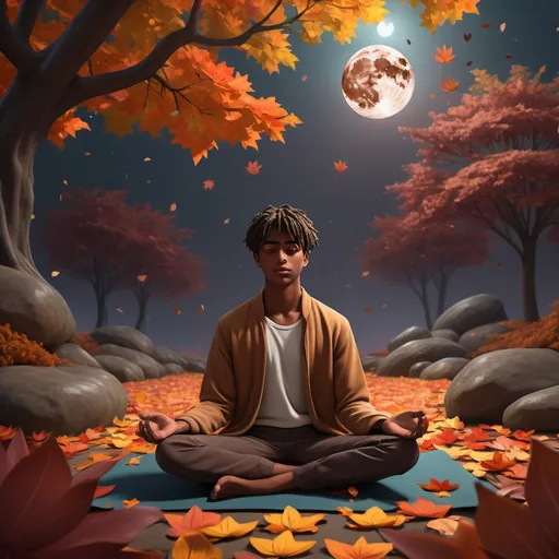 Prompt: (realism style), young brown-skinned man, age 20, sitting in a lotus position, surrounded by (magnificent autumn trees), (vibrant multicolored flowers), captivating falling leaves, under a (deep brown moon), (dark color scheme), (moody ambiance), (highly detailed), (immersive atmosphere), enchanting fall scenery, ethereal atmosphere, soft lighting, ultra-detailed, cinematic quality.