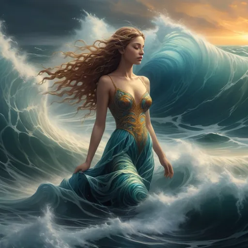 Prompt: (artstyle-renaissance), vibrant color scheme, a central figure rising above turbulent ocean waves, embodying deep emotional resilience, serene expression, and intricate details in clothing, ethereal light illuminating the spiritual vision, the horizon glimmering with hope, swirling currents of emotion represented by dynamic water patterns, dramatic contrasts, grandiose and majestic ambiance, high definition.