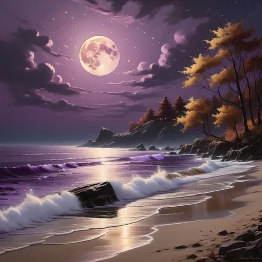 Prompt: (realism style), dark brown moon, (cool color scheme), pinkish ocean, streak of reflective moonlight on the shore, beautifully autumn night, vibrant foliage in shades of brown, yellow, and purple, tranquil atmosphere, detailed textures, high depth, ultra-detailed imagery, serene setting, evening sky with stars, soft waves lapping against the shore.