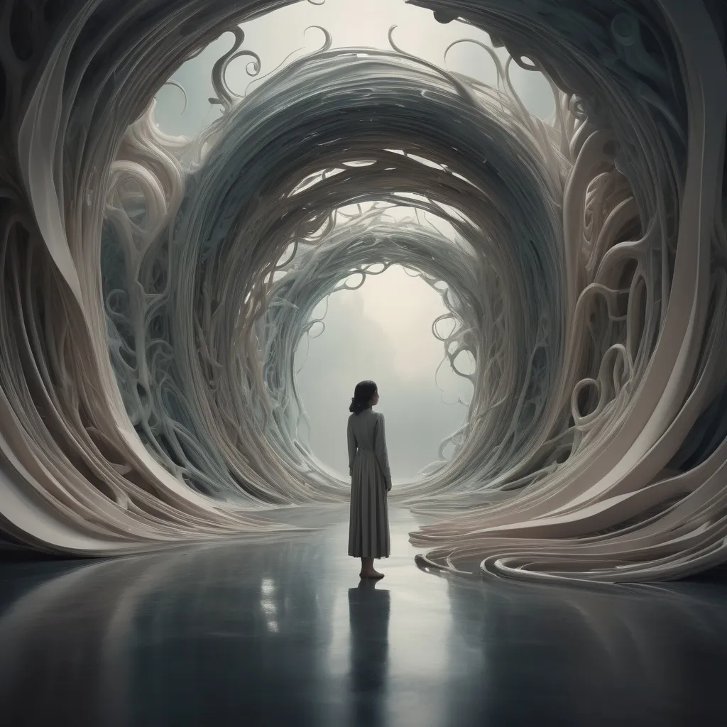 Prompt: Surreal portrayal of (loops in the spacetime continuum), blending ethereal forms and distortions, (muted color scheme), dreamy atmosphere, jagged shapes intertwining, a sense of wonder and ambiguity, floating elements against a blurred backdrop, inviting contemplation, high depth cinematic masterpiece, (intricate details), atmospheric lighting accentuating shadows, ultra-detailed, a glimpse into the abstract and imaginative.