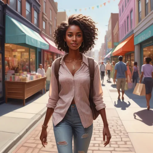 Prompt: (tall young dark brown skinned woman), walking down a bustling high street, (realism style), (pastel color scheme), vibrant store exteriors, detailed clothing with intricate textures, (natural lighting) casting soft shadows, a lively atmosphere with people in the background, (ultra-detailed), creating an inviting and cheerful scene that captures everyday life.