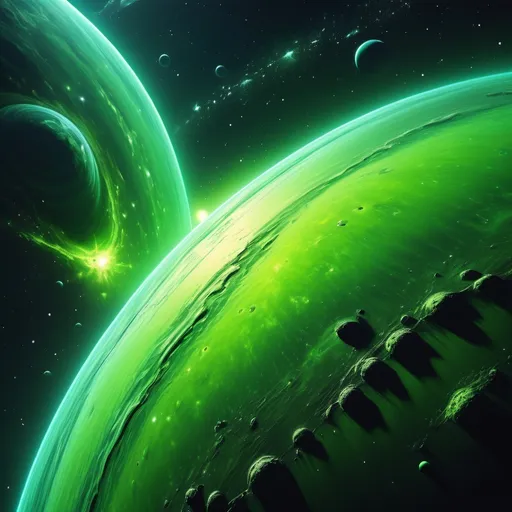 Prompt: (beautiful lime green planet), vibrant color scheme, realism style, (star-filled background), high detail, cosmic ambiance, ethereal glow, contrasting shadows, artistic depth, intricate textures on the planet's surface, exploring celestial themes, (ultra-detailed), 4K resolution, mesmerizing atmosphere, (interstellar occasion), dreamy and surreal vibes.