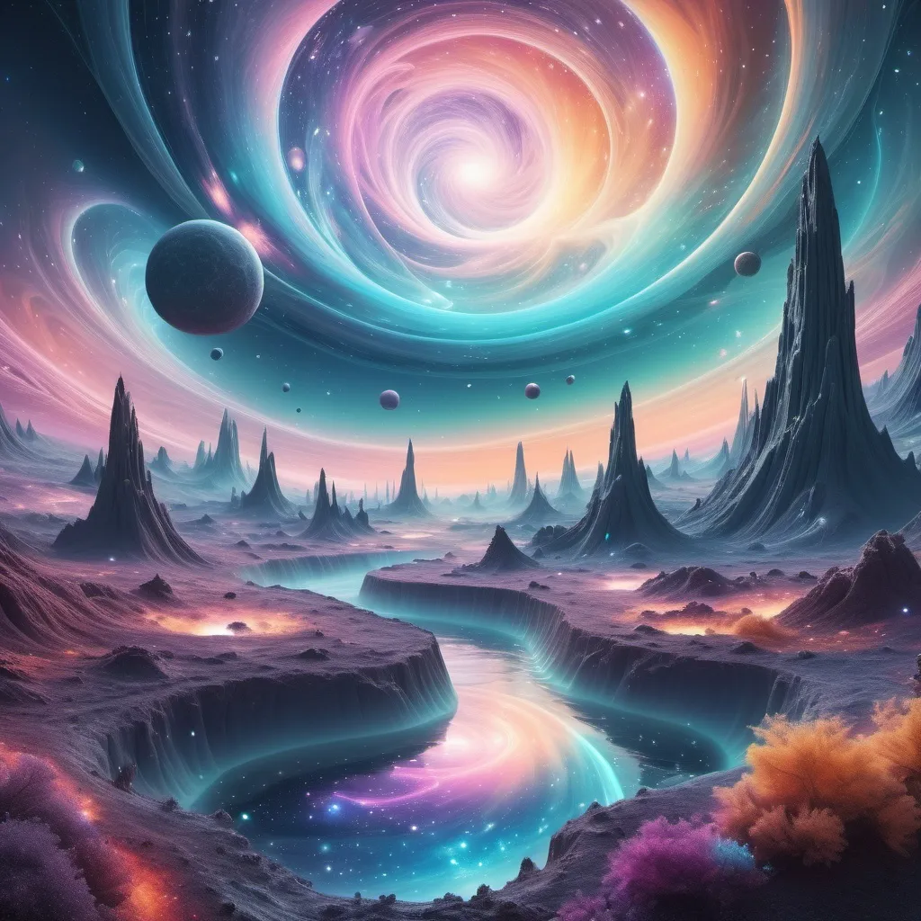 Prompt: (mystical multiverse landscape), (realism style), pastel color scheme, ethereal beauty, swirling galaxies, vivid stars, cosmic colors, magical portals, serene atmosphere, dreamy scenery, vast expanses, soft gradients, harmonious contrasts, intricate details, ultra-detailed, high definition, imaginative realms, celestial wonders.