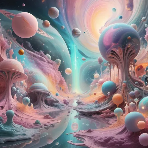 Prompt: (pastel color scheme), a surreal depiction of (the multiverse) overflowing with vibrancy and beauty, intricate celestial landscapes surrounding multiple universes, whimsical patterns connecting realms, ethereal light illuminating each dimension, captivating formations of stars and planets, atmospheric depth, a sense of wonder and exploration, high definition, ultra-detailed, cinematic masterpiece.