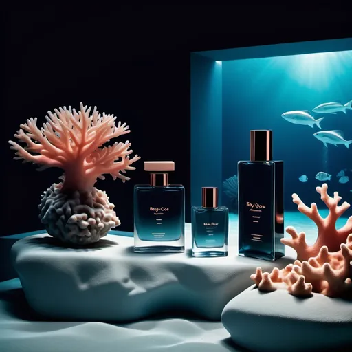 Prompt: minimalism style, (dark color scheme), Sean Combs baby oil collection, coral reefs, sleek and professional design, subtle textures, elegant simplicity, contrasting tones, serene underwater ambiance, high-quality visuals, ultra-detailed, captivating atmosphere, graceful marine setting, innovative product display, harmonious layout, deep, rich ocean colors, sophisticated aesthetic.