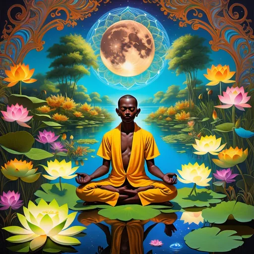 Prompt: (psychedelic style), beautiful bushes of (lime green and yellow) emitting (orange auras), surrounded by vibrant multicolored flowers and grasses, luminous (blue sky), luminescent (dark brown moon), young dark brown skinned male saint meditating in a (lotus position) over a lake filled with (sparkling lotuses), intricate details, whimsical ambiance, high contrast, dynamic colors, (4K), ultra-detailed, serene atmosphere