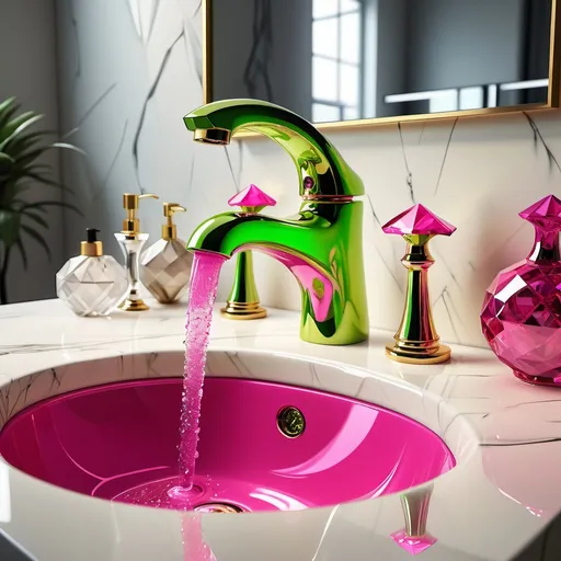 Prompt: (realism style), lime green faucet, dripping pink diamonds, into ivory sink, (vibrant color scheme), high contrast and saturation, intricate reflections, luxurious ambiance, ultra-detailed gem textures, soft light illuminating diamonds, glossy finish on the sink, harmonious blending of colors, artistic composition, captivating and playful scene, (4K quality), modern aesthetic.