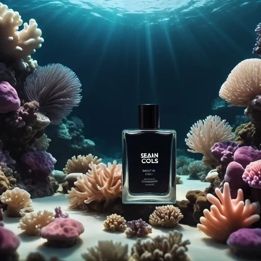 Prompt: minimalism style, (dark color scheme), Sean Combs' baby oil collection on coral reefs, subtle textures, serene ambiance, underwater scene, gentle light glimming through surface, calming and tranquil atmosphere, high detail, vivid contrast, 4K ultra-detailed image, beautifully composed, highlighting product elegance amidst natural beauty.