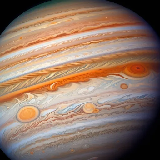 Prompt: Imagine a vast cosmic canvas, where Jupiter looms large with its swirling bands of vibrant oranges, deep reds, and rich browns. Its iconic Great Red Spot glows like a fiery jewel at the heart of the planet. Surrounding Jupiter, a constellation of stars twinkle in a spectrum of colors—blues, purples, and greens—each star radiating a unique hue, creating a celestial tapestry.Scattered throughout this scene, delicate sprinkles of precious stones—emeralds, sapphires, and rubies—catch the light, glimmering against the dark backdrop of space. Fine metal dust, shimmering in gold and silver, adds an ethereal quality, as if the universe itself is sprinkled with cosmic treasures. The overall effect is a breathtaking blend of vibrant colors and transcendent beauty, inviting you to lose yourself in the wonders of the universe