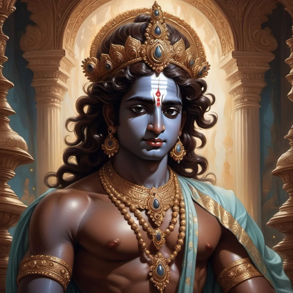 Prompt: (renaissance art style), Dark brown skinned Krishna, (cool color scheme), intricate details, ethereal background, serene expression, flowing garments, divine aura, rich textures, harmonious composition, soft lighting, emotive atmosphere, elegant posture, elegant surroundings, transcendental essence, (highly detailed)